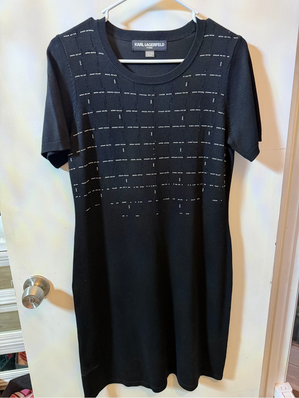 Karl Lagerfeld Black Short-Sleeve Knit Tunic with Subtle Embellished Grid